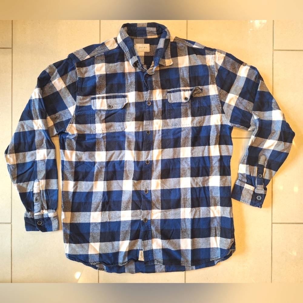 Jachs men's heavyweight blue and white cotton plaid long-sleeved shirt - XL Tall